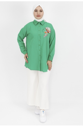 Kadın Silüet Nakışlı Poplin Kumaş Tunik Gömlek 23069-02 Yeşil