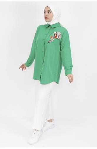 Kadın Silüet Nakışlı Poplin Kumaş Tunik Gömlek 23069-02 Yeşil