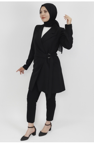 Kemer Detaylı Uzun Boy Blazer Ceket 62202-01 Siyah