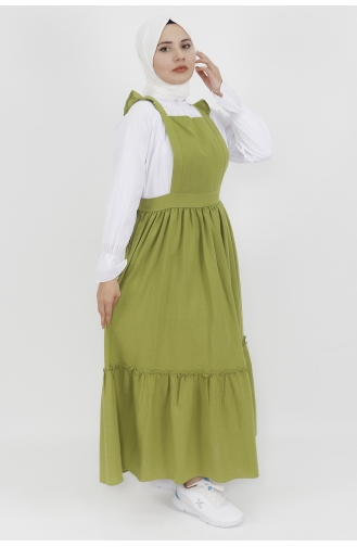 Keten Kumaş Gömlekli Jile Elbise 5073-01 Yeşil
