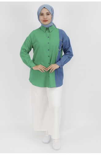 Kot Garnili Taş Detaylı Poplin Kumaş Tunik Gömlek 23074-02 Yeşil