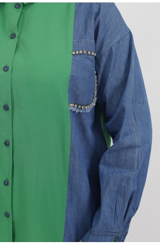 Kot Garnili Taş Detaylı Poplin Kumaş Tunik Gömlek 23074-02 Yeşil