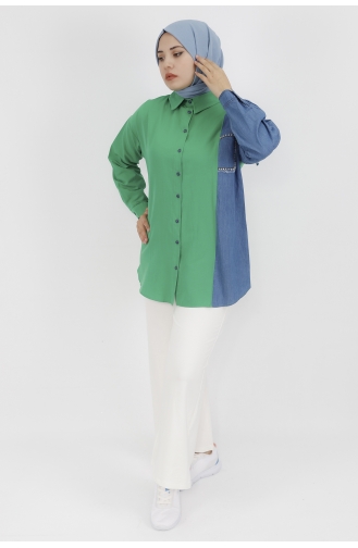 Kot Garnili Taş Detaylı Poplin Kumaş Tunik Gömlek 23074-02 Yeşil