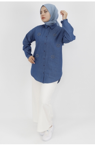 Kot Kumaş Taş Detaylı Tunik Gömlek 5440-01 Kot Mavi