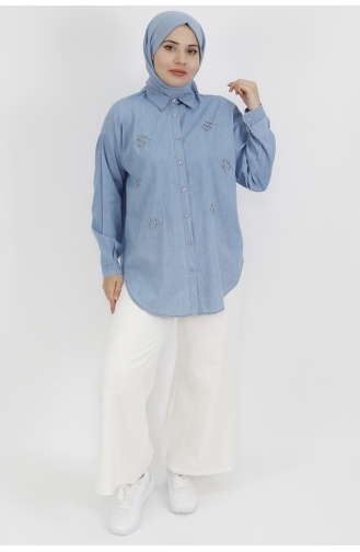 Kot Kumaş Taş Detaylı Tunik Gömlek 5440-02 Buz Mavisi