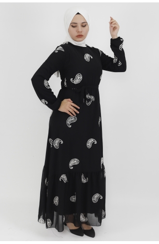 Nakış Detaylı Şifon Kumaş Elbise 535-01 Siyah