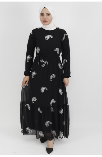 Nakış Detaylı Şifon Kumaş Elbise 535-01 Siyah