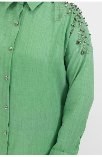 Omuzu Taş Detaylı Keten Kumaş Tunik Gömlek 5002-04 Yeşil