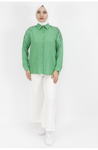 Omuzu Taş Detaylı Keten Kumaş Tunik Gömlek 5002-04 Yeşil