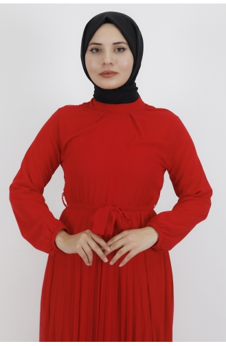 Pilise Detaylı Şifon Kumaş Elbise 533-03 Kırmızı
