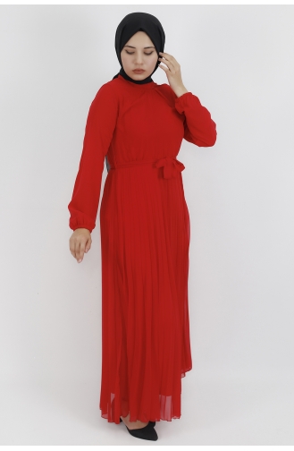 Pilise Detaylı Şifon Kumaş Elbise 533-03 Kırmızı
