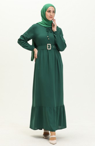 Robe Plissée à Ceinture en Viscose 2202-01 Vert Emeraude 2202-01