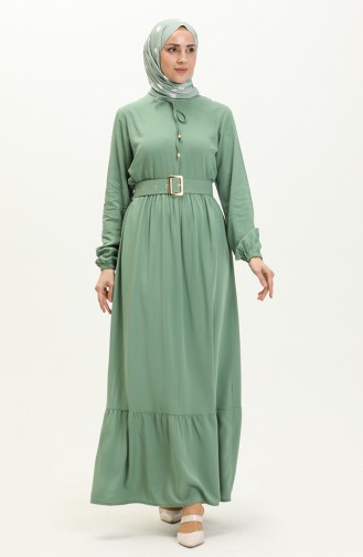 Robe Plissée à Ceinture en Viscose 2202-03 Vert Noisette 2202-03