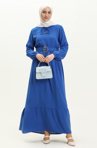 Robe Plissée à Ceinture en Viscose 2202-04 Bleu Roi 2202-04