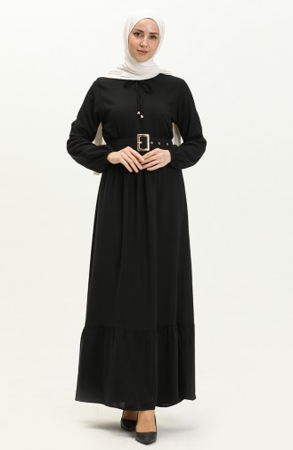 Robe Plissée à Ceinture en Viscose 2202-05 Noir 2202-05