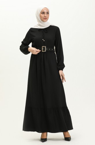 Viscose Belted Shirred Dress 2202-05 Black 2202-05