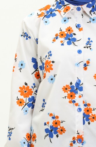 Çiçek Desenli Gömlek Tunik 1032-02 Beyaz Saks