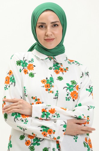 Çiçek Desenli Gömlek Tunik 1032-03 Beyaz Yeşil