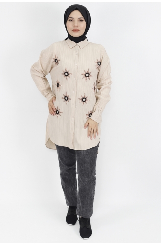 Taş Detaylı Bürümcük Kumaş Tunik Gömlek 23291-02 Taş