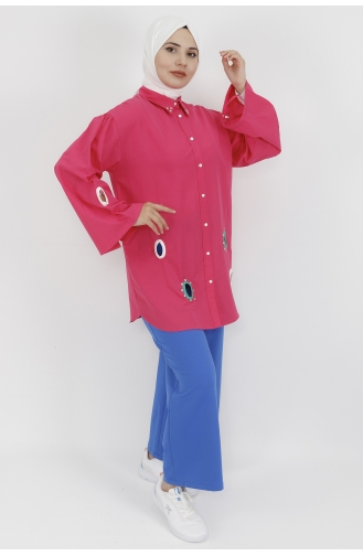 Yaka Ucu Ve Önü Taş Detaylı Poplin Kumaş Tunik Gömlek 23072-01 Fuşya
