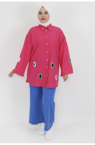 Yaka Ucu Ve Önü Taş Detaylı Poplin Kumaş Tunik Gömlek 23072-01 Fuşya