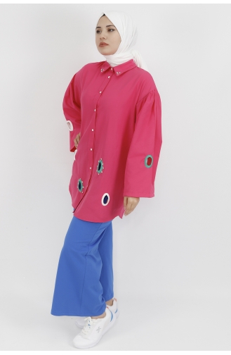 Yaka Ucu Ve Önü Taş Detaylı Poplin Kumaş Tunik Gömlek 23072-01 Fuşya