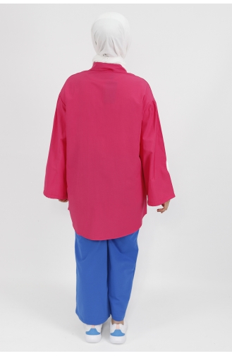 Yaka Ucu Ve Önü Taş Detaylı Poplin Kumaş Tunik Gömlek 23072-01 Fuşya