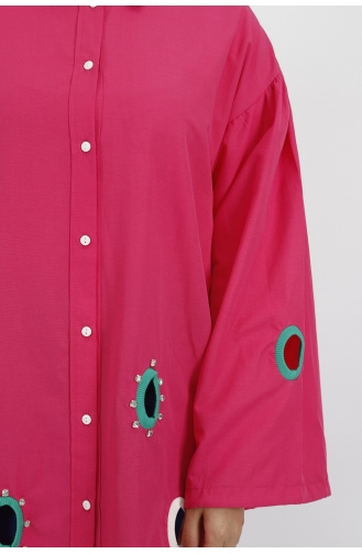Yaka Ucu Ve Önü Taş Detaylı Poplin Kumaş Tunik Gömlek 23072-01 Fuşya