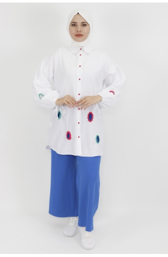 Yaka Ucu Ve Önü Taş Detaylı Poplin Kumaş Tunik Gömlek 23072-02 Beyaz