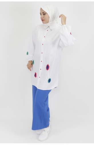 Yaka Ucu Ve Önü Taş Detaylı Poplin Kumaş Tunik Gömlek 23072-02 Beyaz