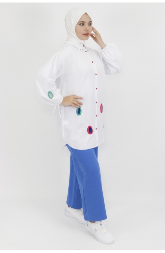 Yaka Ucu Ve Önü Taş Detaylı Poplin Kumaş Tunik Gömlek 23072-02 Beyaz