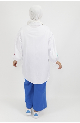 Yaka Ucu Ve Önü Taş Detaylı Poplin Kumaş Tunik Gömlek 23072-02 Beyaz
