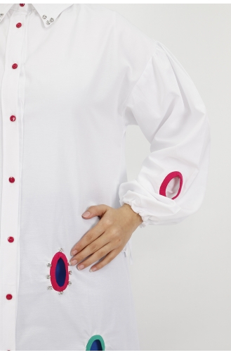 Yaka Ucu Ve Önü Taş Detaylı Poplin Kumaş Tunik Gömlek 23072-02 Beyaz