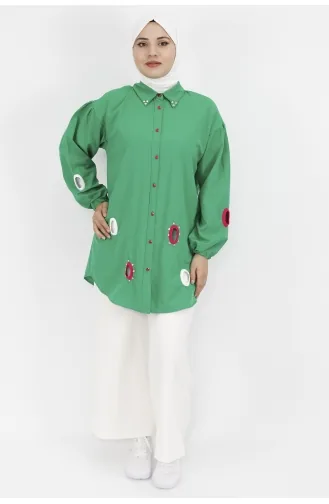 Yaka Ucu Ve Önü Taş Detaylı Poplin Kumaş Tunik Gömlek 23072-03 Yeşil