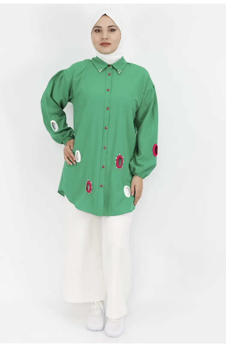 Yaka Ucu Ve Önü Taş Detaylı Poplin Kumaş Tunik Gömlek 23072-03 Yeşil