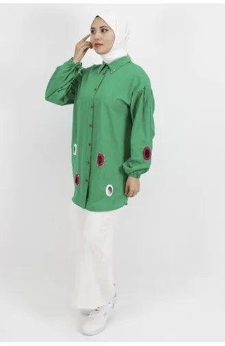 Yaka Ucu Ve Önü Taş Detaylı Poplin Kumaş Tunik Gömlek 23072-03 Yeşil
