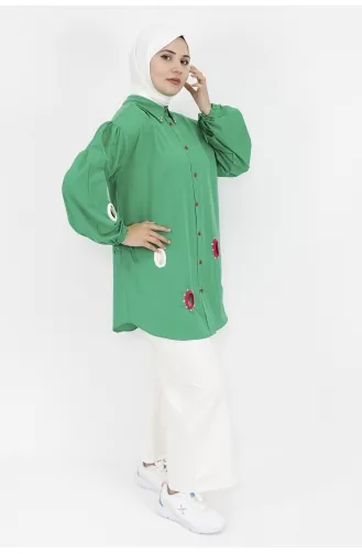 Yaka Ucu Ve Önü Taş Detaylı Poplin Kumaş Tunik Gömlek 23072-03 Yeşil