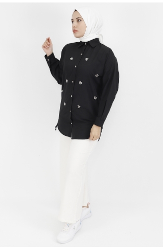 Yıldız Boncuk Detaylı Poplin Kumaş Tunik Gömlek 6991-02 Siyah