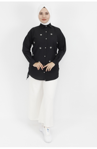 Yıldız Boncuk Detaylı Poplin Kumaş Tunik Gömlek 6991-02 Siyah