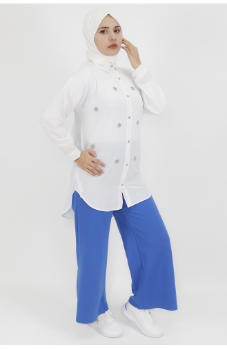 Yıldız Boncuk Detaylı Poplin Kumaş Tunik Gömlek 6991-03 Beyaz