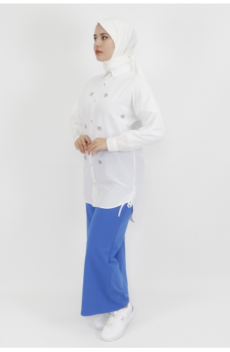 Yıldız Boncuk Detaylı Poplin Kumaş Tunik Gömlek 6991-03 Beyaz