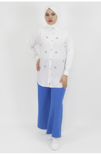 Yıldız Boncuk Detaylı Poplin Kumaş Tunik Gömlek 6991-03 Beyaz