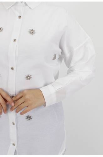 Yıldız Boncuk Detaylı Poplin Kumaş Tunik Gömlek 6991-03 Beyaz