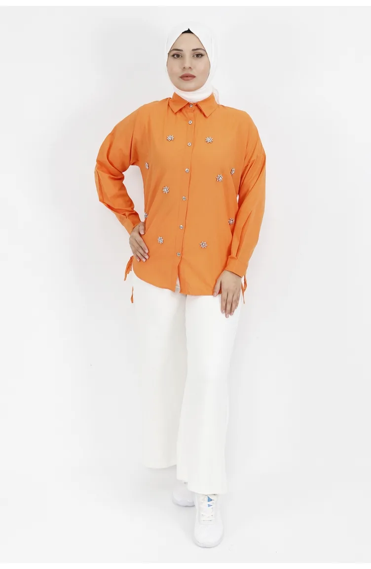 Yıldız Boncuk Detaylı Poplin Kumaş Tunik Gömlek 6991-04 Oranj