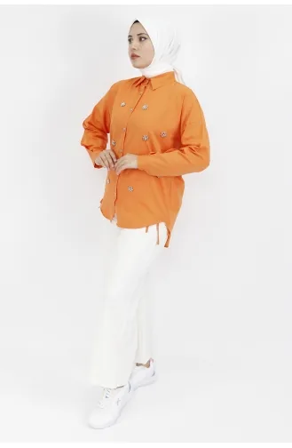 Yıldız Boncuk Detaylı Poplin Kumaş Tunik Gömlek 6991-04 Oranj