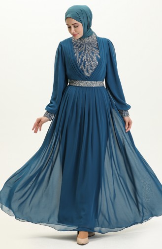 Embroidered Detail Evening Dress 52863-03 Petrol 52863-03