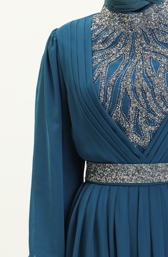 Embroidered Detail Evening Dress 52863-03 Petrol 52863-03