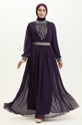 Embroidered Detail Evening Dress 52863-04 Purple 52863-04