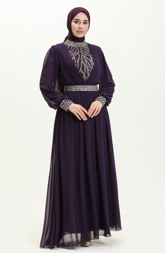 Embroidered Detail Evening Dress 52863-04 Purple 52863-04