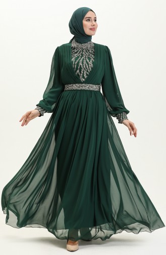 Embroidered Detail Evening Dress 52863-06 Green 52863-06